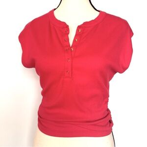 Michael Stars Joni Short Sleeve Snap Henley Top Ruched Sides Poppy Red SM